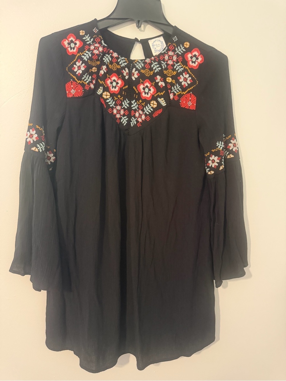 Blue Rain Black Embroidered Peasant Boho Shift Dress Bell sleeves size XS